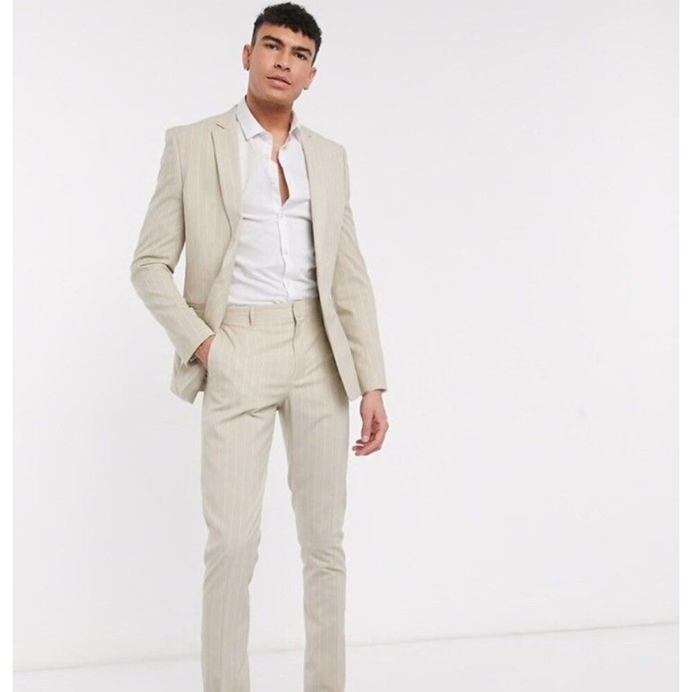ASOS DESIGN suit in stone pinstripe Size 38” Chest, Pants 32” W, 32” L